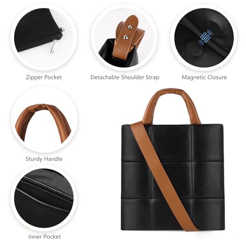 Image of Puffer Tote Bag, Quilted Crossbody Bag with Zip, Top-Handle Shoulder Bags with Removable Strap, PU Leather Handbags for Women