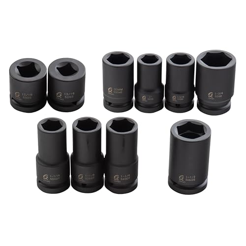 Image of Sunex 5690A, 1 Inch Drive Heavy Duty Wheel Impact Socket Set, 10-Piece, SAE /Metric, Deep /Deep Thin Wall /Square /Controlled Depth, Cr-Mo Steel, Storage Case, Black