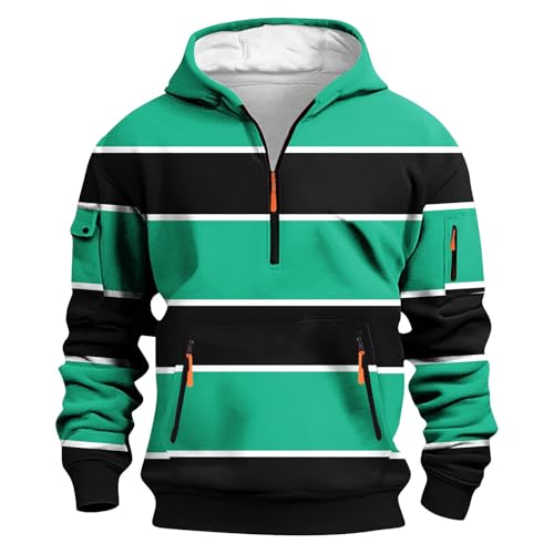 2025 Hoodies for Men Fall Half Zip Striped Long Sleeve Pullover Casual Loose Hooded Sweatshirt with Multi Pockets