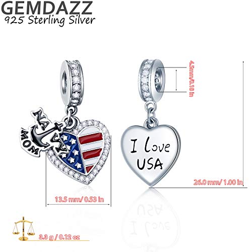 Navy Mom Anchor Cz Charms With American Flag Enamel, Fit Pandora Bracelet/Necklace, 925 Sterling Silver I Love Usa Heart Pendant Beads, Gifts For Mothers Day/Army Mom/Birthday #TOP5