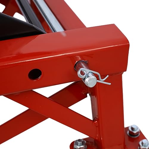 Image of PULLAFUN 300 lbs Hydraulic Motorcycle Scissor Jack Lift, Small Dirt Bikes ATV Lift Hoist Hydraulic Foot-Operated Stand Lift, 4 Wheels, Red
