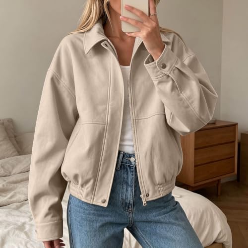 Houjibfa Faux Suede Jacket Women Cropped Zip Up Lapel Collar Fall Coats - image 3