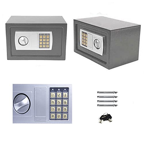 Caja Fuerte de Seguridad con Llave y Código de Seguridad(3 a 8 Dígitos) Caja Fuerte Hotel - Hacer de 2mm Acero Macizo & Puerta de Entrada de 4mm de Grosor Caja Fuerte Grande - 31x20x20cm, Gris