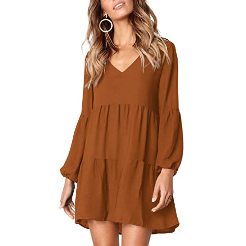 Vestido de Mujer con Cuello en V Y Volantes, Informal, Manga Larga, Linterna, Vestido a Media Pierna, Vestido de Cóctel, Vestido de Novia(L-Marrón)