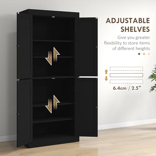 Image of HOMCOM 72.5 inch Tall Kitchen Pantry Cabinet, Freestanding Modern Farmhouse Kitchen Storage Cabinet with 4 Doors and 2 Adjustable Shelves for Dining Room, Black Wood Grain