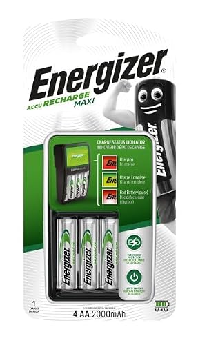 Energizer Maxi Charger with 4 AA and AAA Batteries, 2000 mAh, with Battery Charge Indicator, Auto-Disconnect Avoiding Overcharging
