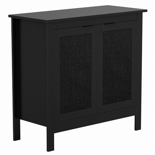 Giluta Black Sideboard Buffet Cabinet, Farmhouse Kitchen Storage Cabinets with 2 Rattan Doors, 30''H...