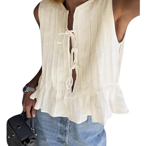 Women Bow Tie Front Tank Top Pleated Ruffle Linen Vest Y2K Babydoll Shirt Coquette Clothes Beige M Cover