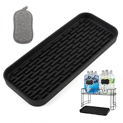 Drip Tray for Drink Dispenser, 1 Pack Silicone Tray Mat with Cleaning Sponge Brush, Drip Pan for Coffee Bar Restaurant Countertop (COLOR:Black)