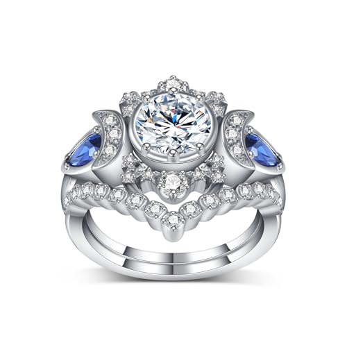 Triple Moon Goddess Rings for Women, Round Cut Moissanite Wedding Ring Set for Her, 10K 14K 18K Gold Moon Phase Engagement Bridal Ring Set with Sapphire for Women Jewelry Gift