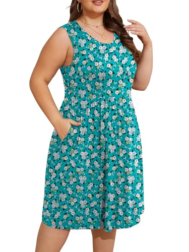 Image of DB MOON Womens 2026 Plus Size Tank Dresses Sleeveless Knee Length Sundress with Pockets 4XL Turquoise Floral