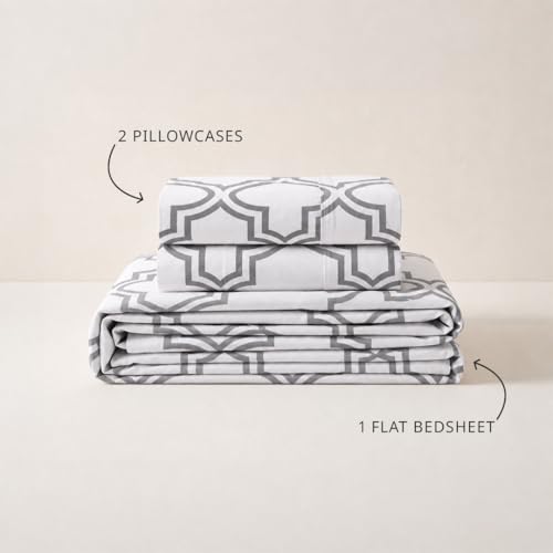 Image of LANE LINEN 100% Organic Cotton Bedsheet for Double Queen - Trellis Silver | GOTS Certified, Percale Weave, 90x100 inches, Soft & Breathable, Machine Washable, Includes 2 Pillow Covers