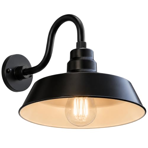 Image of 14in. Satin Black Outdoor Gooseneck Barn Light Fixture with 10in. Long Extension Arm - Wall Sconce Farmhouse, Vintage, Antique Style - UL Listed - 9W 900lm A19 LED Bulb (5000K Cool White)