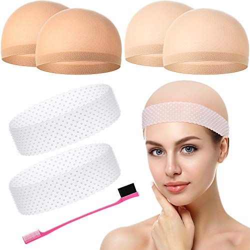 2 Pieces Silicone Non-slip Wig Grip Band Transparent Silicone Wig Headband Wig Hair Band and 4 Pieces Nylon Wig Caps with Hair Edge Brush for Women Men