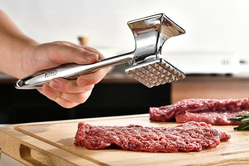 Image of Heavy Duty Meat Tenderizer Tool, Stainless Steel Mallet & Kitchen Hammer Pounder, Mirror Polished Double Sided Tenderizing Mallet for Chicken, Steak & Beef - Dishwasher Safe