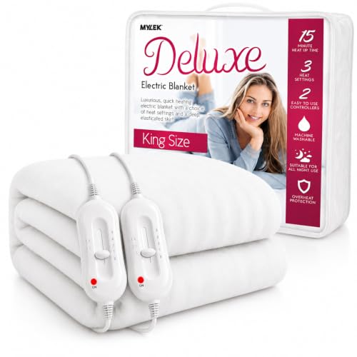 MYLEK Electric Blanket King Size Bed Fitted Heated Mattress Cover Underblanket Dual Control Elasticated Skirt 192 x 152 x 40cm Overheat Protection Machine Washable Safe For All Night Use (King)