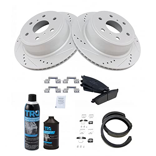 Image of TRQ Performance Rear Brake Pad & Rotor Kit Premium G-Coated Slotted X Drilled Ceramic Compatible with 07-10 Cadillac 07-14 Chevrolet 07-13 GMC