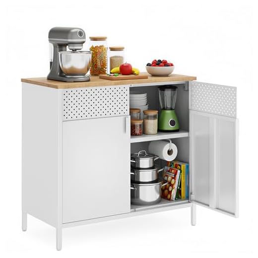 SONGMICS Armario de Almacenamiento, Aparador de Metal, Doble Puerta Magnética, Estante Ajustable, Marco de Acero, 40 x 80 x 76 cm, Beige Natural y Blanco LSC102W57