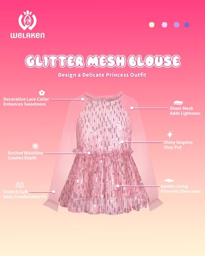 Girl Sequin Mesh Bloues Sparkle Ruffle Collar Long Sleeve Shirts Tops,5-12 Years2