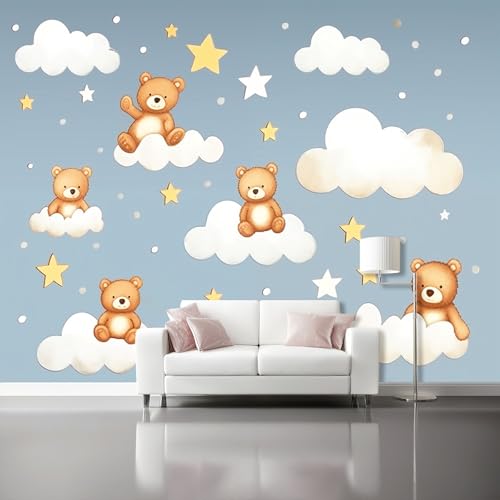 Murales Salon Papel Pintado 300 x 210 cm - Dibujos Animados Nubes Estrellas Papel Pintado Mural No Tejido para Dormitorio, Fotográfico Decorativos de Paredes Gris Murales