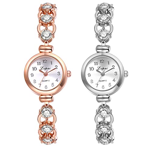 JewelryWe Reloj analógico de cuarzo para mujer, pulsera de diamantes de imitación, correa desmontable, color plateado y rosa, Redondo-2 piezas, Pulsera JewelryWe Reloj analógico de cuarzo para mujer, pulsera de diamantes de imitación, correa desmontable, color plateado y rosa, Redondo-2 piezas, Pulsera