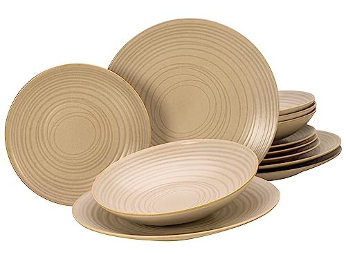 CreaTable, 23919, Serie Lava Stone Sand, 12-teiliges Geschirrset, Teller Set aus Steinzeug, spülmaschinen- und mikrowellengeeignet, Made in Portugal