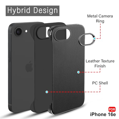 Image of TheGiftKart Hybrid Ultimate Slim Back Case Cover for iPhone 16e | Lightweight Profile | Hard Back Case Cover for iPhone 16e (PC & TPU, Metal Camera Ring, Leather Texture Finish, Black)