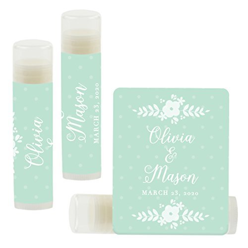 Andaz Press Personalized Bridal Shower Bachelorette Party Lip Balm Party Favors, Floral Mint Green, Bride's Name and Date, 12-Pack, Custom