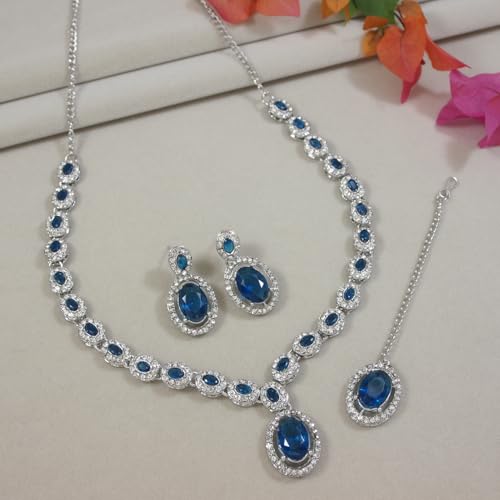 Image of I Jewels Silver Plated Stylish Design Crystal Diamond Necklace With Earrings & Maang Tikka Jewellery Set for Women