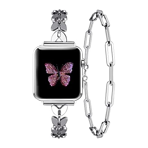 Secbolt Bands Compatible with Apple Watch Band 38mm 40mm 41mm iWatch Series 8/7/6/5/4/3/2/1/SE, Stainless Steel Double Tour Ears of Wheat Chain Detachable Bracelet with Crown Charm for Women, Silver Cover