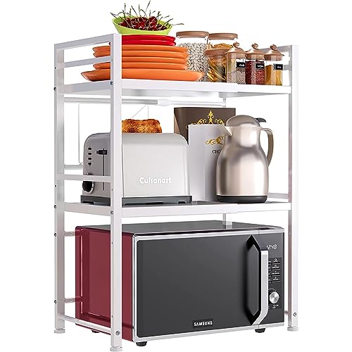 Shally Dogan Mensola Salvaspazio Estensibile Porta Microonde in Acciaio, Scaffale Cucina doppio con 2 ripiani Portaspezie, Mobile Organizer con Ganci e Piedini Antiscivolo, Design Moderno (Bianco)