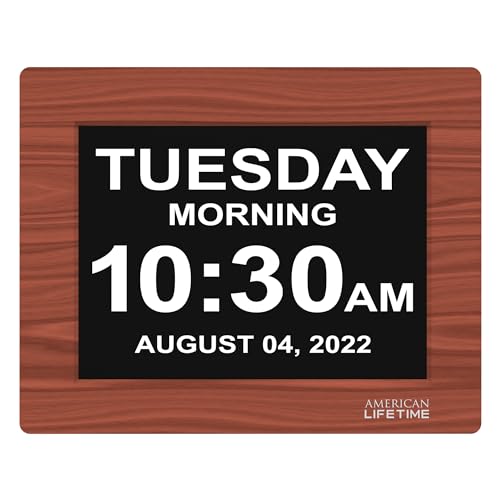 Image of American Lifetime Upgraded Version, Day Clock Extra Large Impaired Vision Digital Clock with Backup and 5 Alarm Options, Brown Wood