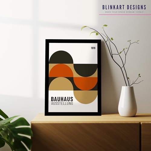 Image of BLINKART Vintage Bauhaus Retro Geometric Aesthetic Poster Gallery | Colorful Wrap Framed For Home Office Studio Living Room Modern Art Studio Decoration Abstract Shapes | (d100) | 13x10 Inch