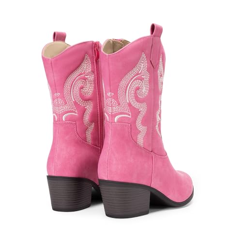 DREAM PAIRS Cowboy Boots for Women, Mid Calf Cowgirl Boots with Embroidery Round Toe Western Chunky Low Heel Shoes,Size 9.5,Pink,DWUMMB2505