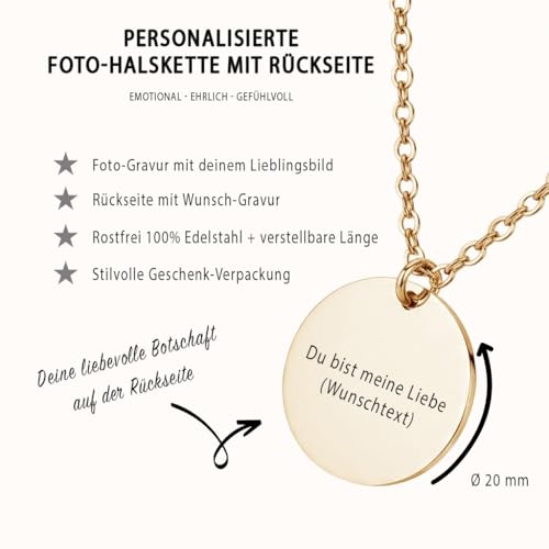 Golden Paw Personalisierte Foto Halskette mit Gravur - Haustier, Paar, Kind, Oma, Opa, Liebe, Hochzeit - Bild gravieren, Geschenk und Erinnerung von Hund, Katze, Pferd | 45 + 5 cm verstellbar - Gold