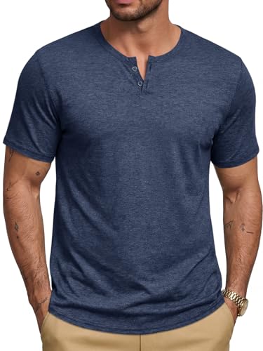 Runcati Herren T-Shirt Sommer Kurzarm Henley Shirt Männer V-Ausschnitt Einfarbig Oberteile Lässige Slim Fit Tops Leicht Basic Tshirts mit Knopfleiste Dunkelblau L