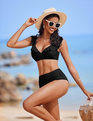 AI'MAGE Women High Waisted Bikini Sets Tummy Control Swimsuits Ruffle Sleeve Two Piece Bathing Suit V Neck Swimwear S-XXL3