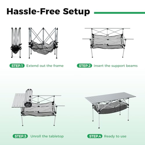 GIANTEX Mesa de Camping Plegable, Mesa Portátil para Picnic con Tapa de Aluminio Enrollable y Canasta de Malla, Mesa Ligera para Exterior con Bolsa de Transporte en Plateado 47"x22"x27" miniatura 4
