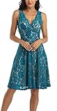 MISS MOLY Women Floral Lace Overlay Fit and Flare Dress Elegant V Neck Knee Length Skater Dress Peacock M