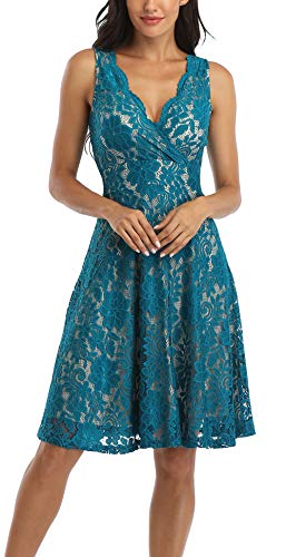 MISS MOLY Women's Floral Lace Overlay Fit and Flare Dress Sexy V-Neck Knee Length Elegant Party Wedding Dress