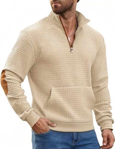 Mens Sweatshirt Casual Stand Collar Quarter Zip Pullover Fall Waffle Sweaters Long Sleeve with Pockets