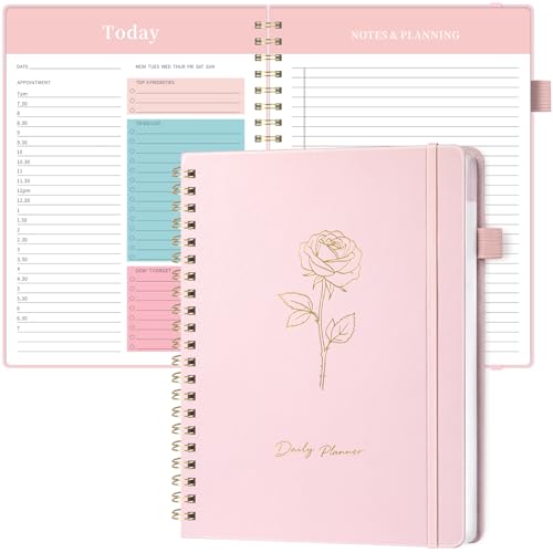 Umriox Daily Planner Undated A4 To Do List Notebook Hourly Schedules Spiral Hardcover Daily Organizer Notebook for Office Home & School-Pink