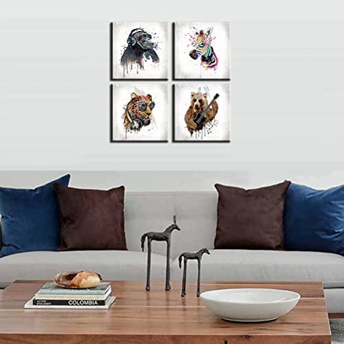 Byllyaz Animals Canvas Wall Art For Bedroom Decor Vintage Watercolor Music Chimpanzee With Zebra Bear Leopard Framed Print Picture For Kids Room 4Pcs/Set 12X12 #TOP2