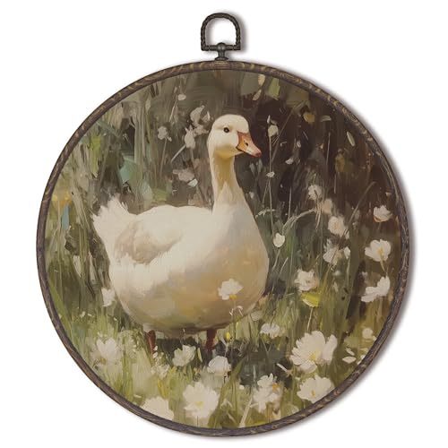 Image of XNXLDYLH Rustic Goose Duck Nursery Round Framed Wall Art Decor, Vintage Goose Cottagecore Bathroom Hanging Wall Decor Decorations, Modern Farmhouse Canvas Prints Wall Art Pictures Paintings, 10x10Inch