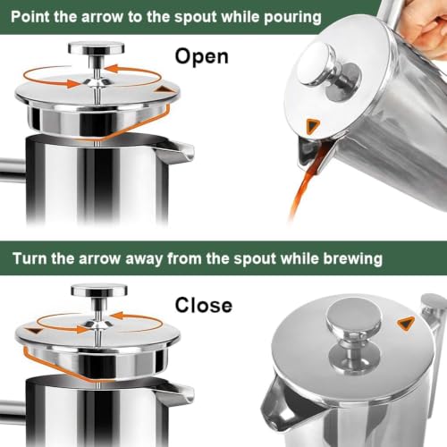 Image of 600 ML French Press Coffee Maker Double Insulated 304 Stainless Steel Coffee Maker with 4 Level Premium Filtration System Rust-Free Dishwasher Safe