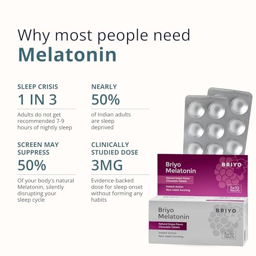 Image of Briyo Melatonin 3 mg Natural grape flavoured Chewable Tablets - Fast-Acting Quick Dissolve Night time Relaxation & Restful Sleep Support - Sleep Aid - 50 Chewables pack