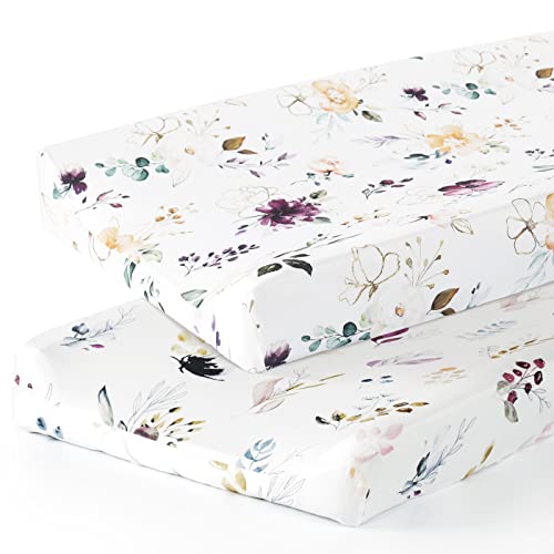 GRSSDER Stretch Ultra Soft Jersey Knit Changing Pad Cover Set 2 Pack,Change Table Pad Covers Fit 32"/34" x 16" Pads Safe and Snug,Watercolor Pretty Purple Flora for Girls