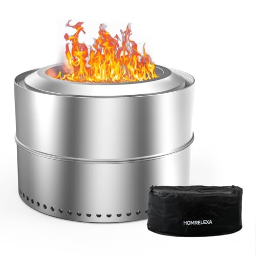 HOMRELEXA 27 inch Smokeless Fire Pit, Outdoor Stainless Steel Smokeless Firepit, Wood Burning Fire Pits for Camping Backyard Patio Garden Picnic, Low Smoke Firepit for Outside