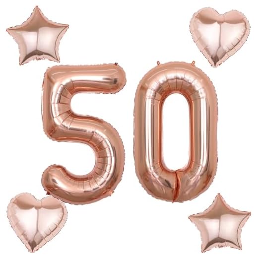 Globos de 100 cm con número 50 para cumpleaños y niñas, color oro rosa + 4 globos de aluminio con números 50, globos de helio de color oro rosa para 50 cumpleaños para niñas, decoración número 50