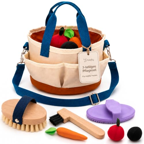 Hoofly Hobby Horse Zubehör Pflegeset für Kinder mit Tasche Bürste Striegel & Hufkratzer [TÜV geprüft] - Pferdeputzzeug für Steckenpferd & Holzpferd - Geschenk